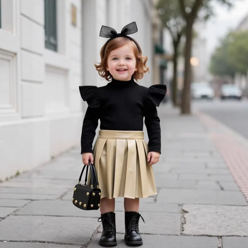 1-12Y Kids Knit Ribbed Long Sleeve Top Pleather Skirt Set Winter Girls High Neck Two Piece Outfit 90-130CM