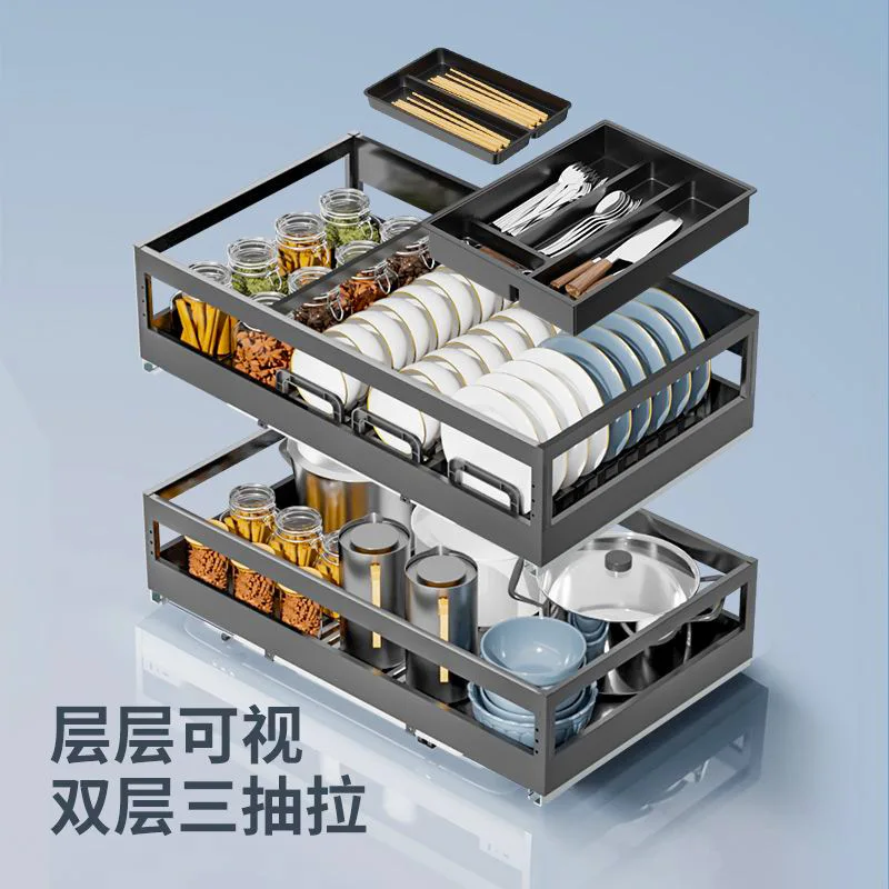 Factory pull-out basket kitchen cabinet double-layer light luxury stainless steel drawer type dish storage storage bowl basket s