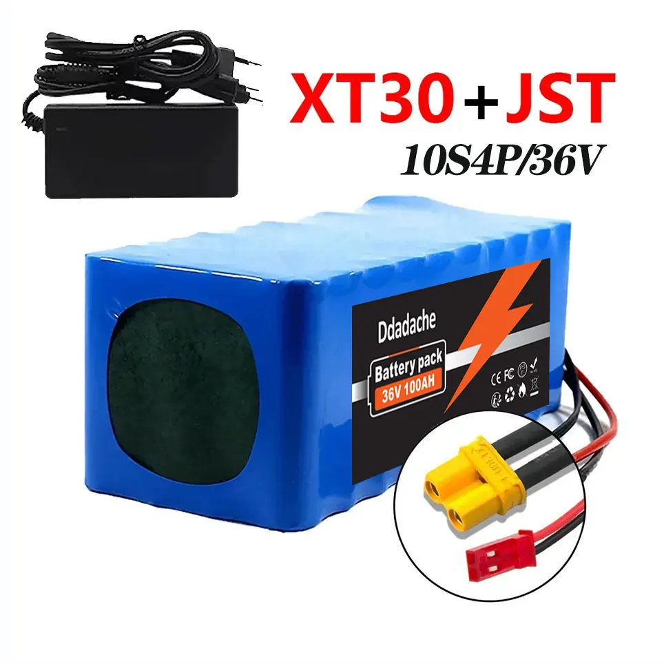 10S4P 100Ah lithiumbatterij, 36V grote capaciteit, gebruikt voor fietsen en elektrische scooters, inclusief BMS XT60-aansluiting en oplader