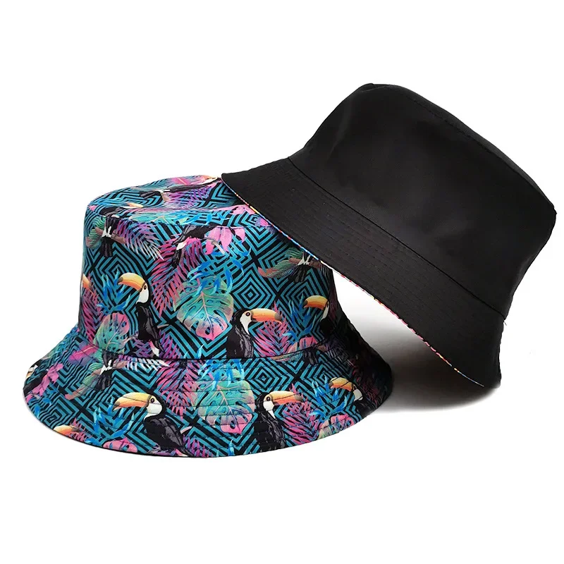 2024 Double-sided Bird Print Women\'s Bucket Hats Men Panama Hat Summer Bob Fisherman Fishing Hat Outdoor Hip Hop Sun Bone Caps