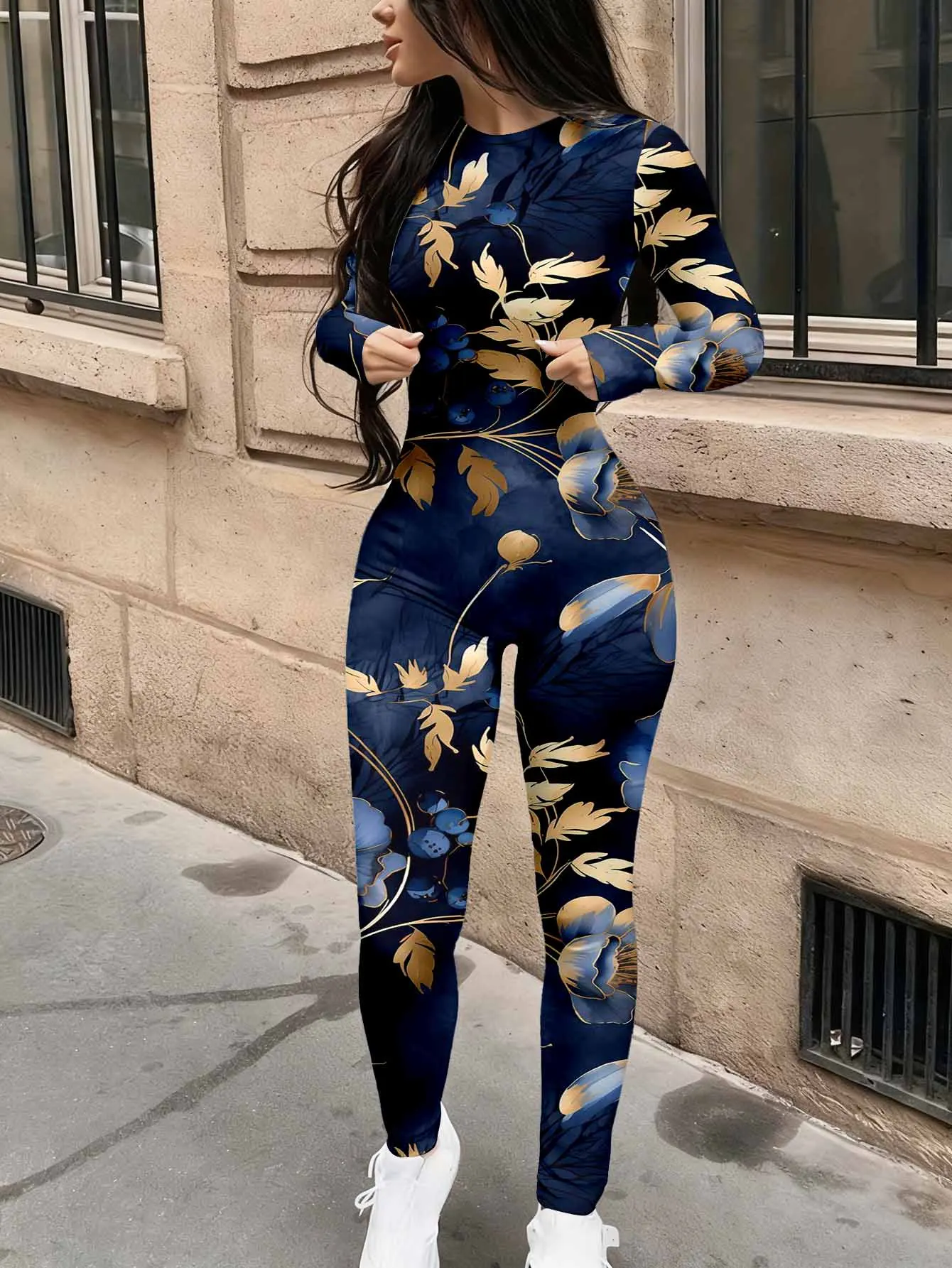 Elastic slim fit jumpsuit long sleeved commuting casual wear, women's one-piece pants that can be worn outside