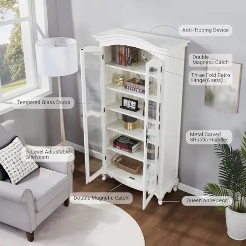 Farmhouse Arched Display Cabinet Bookcase Bookshelf with Glass Doors and Adjustable Shelves, 72" Tall 6 Tiers French view 5