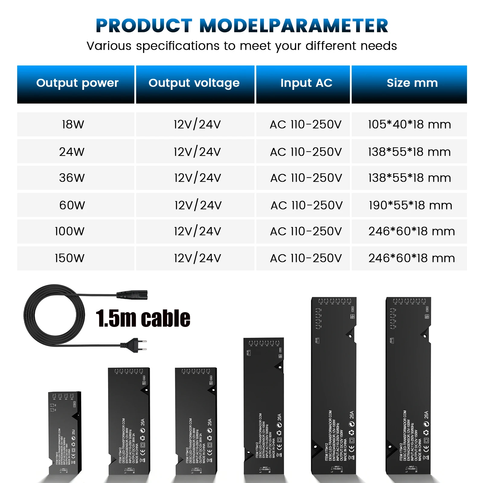 LED Cabinet Driver Power Supply AC110-250V to DC 12V 24V Lighting Transformer 18W 24W 36W 60W 100W 150W with EU Power Cable