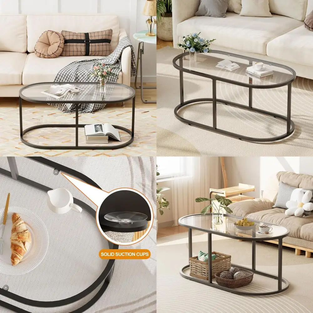 

Modern Oval Black Glass Coffee Table with Metal Frame for Living Room and Home Office