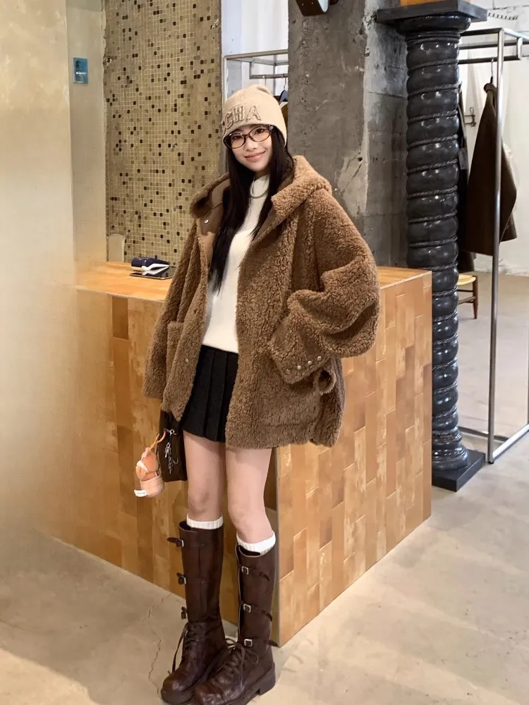

EKOOL Women's Suede Fur Jaet Thiened Warm Loose Fit Lamb Fur Outerwear Korean Sle Polyester Fiber Long Sve Coat