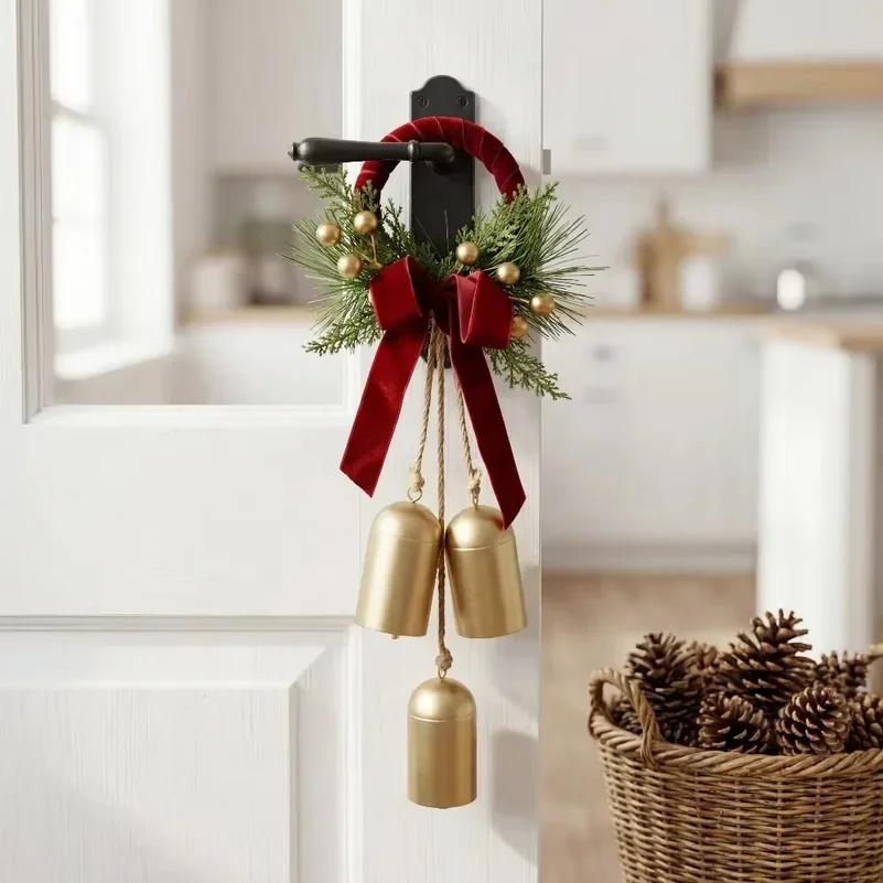 Farmhouse Style Christmas Wind Chime Door Hanger,Vintage Golden Bell with Pine Needles and Red Bow,Entryway and Foyer Decoration