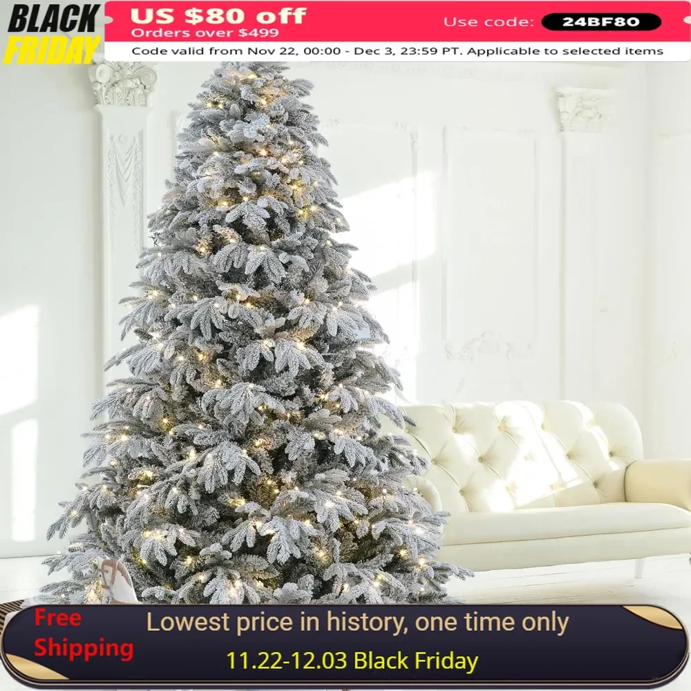 7.5 Ft Flocked Christmas Tree Prelit with 10 Functions Colorful Lights & 2700 Tips, Spruce Artificial Christmas Tree Prelit