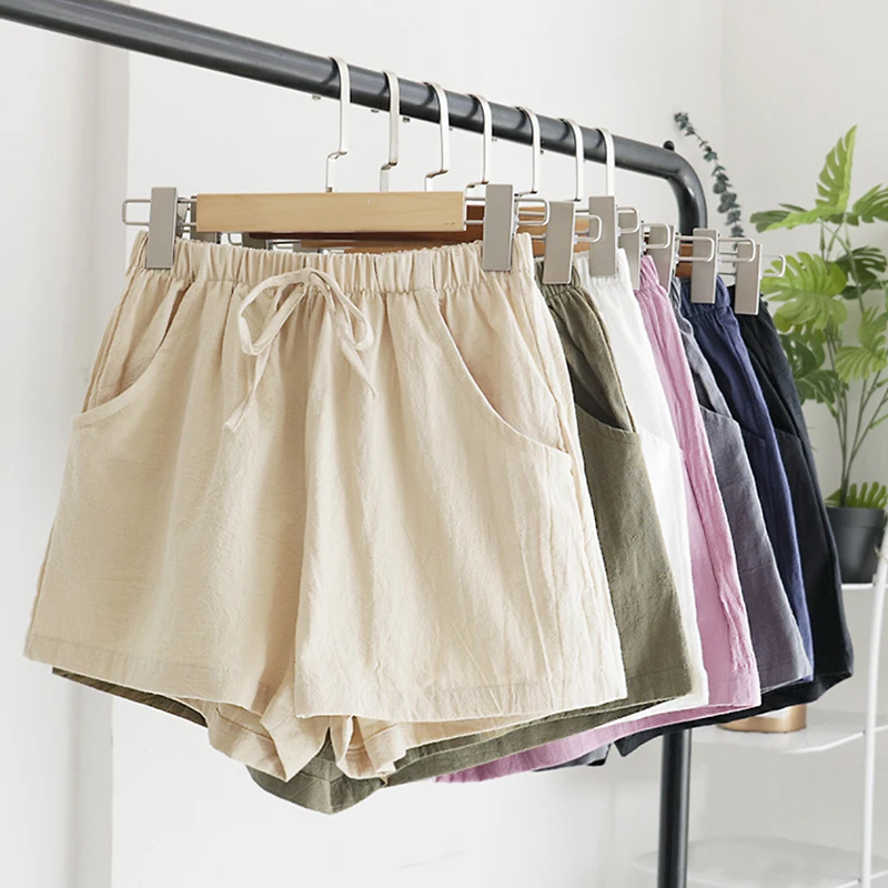 2026 Summer Cotton Linen Shorts Women with Pocket Elastic Waist Loose Casual Shorts Woman Solid Color Wide Leg Short Pants Mujer
