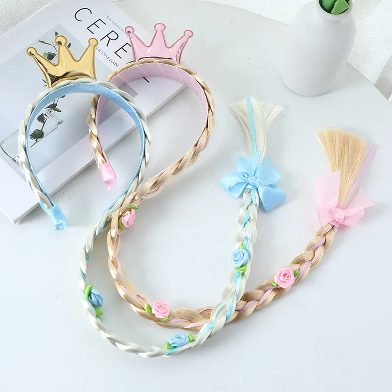 Princess Crown Flower Weaving Braid Girls Elsa Coplay Long Braid Wig Headband Queen Crown Pink Yellow Hairpin Wig Kids Hair Rope