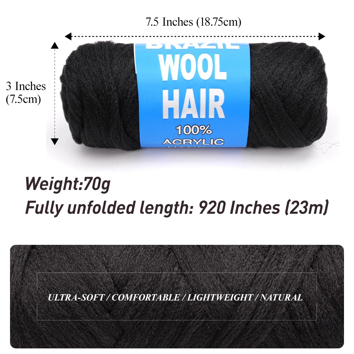 Schwarzes brasilianisches Woll-Acrylgarn für afrikanische synthetische Haarverlängerungen zum Häkeln, Jumbo-Zöpfe, Twist-Wraps, 70 g/Rolle – Detail 3