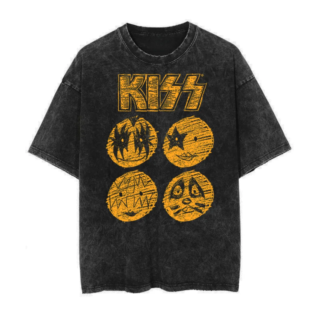 

KISS Graffiti Style Graphic Band Rock Tee Men's Washed T-shirt Male Classic Rock Casual Comfortable Streetwear Tshirt Top