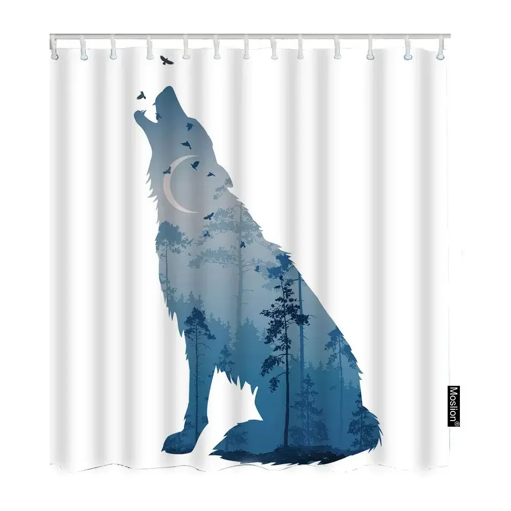 Wolf Silhouette Shower Curtain Black White Howling Thunderstorm Animal Moon Light Mystic Decor Bathroom Set Waterproof with Hook