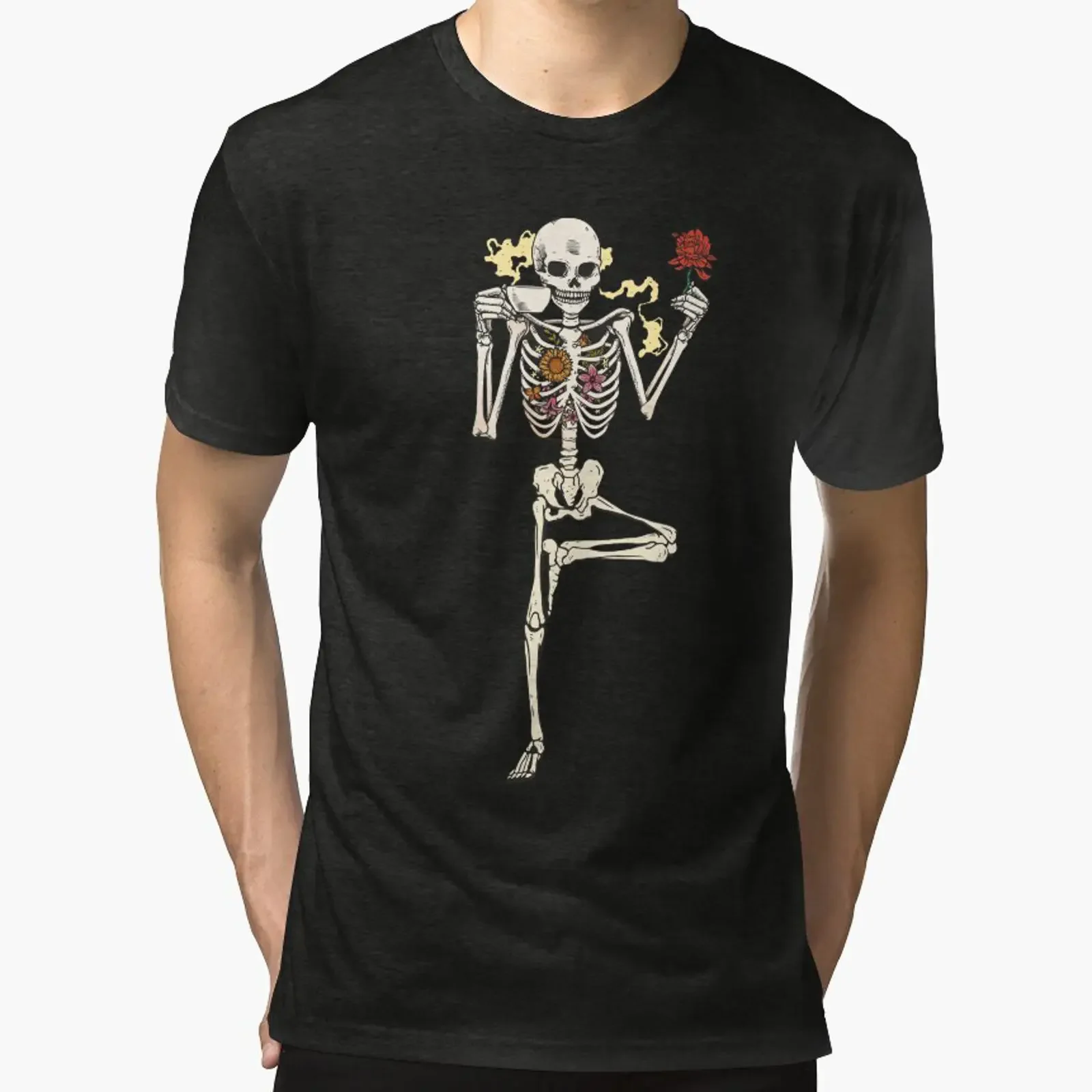 Dancing Skeleton Yoga Pose With Coffee And Flowers Halloween Tri blend T Shirt vintage Washed fashion streetwear Stylish Unisex
