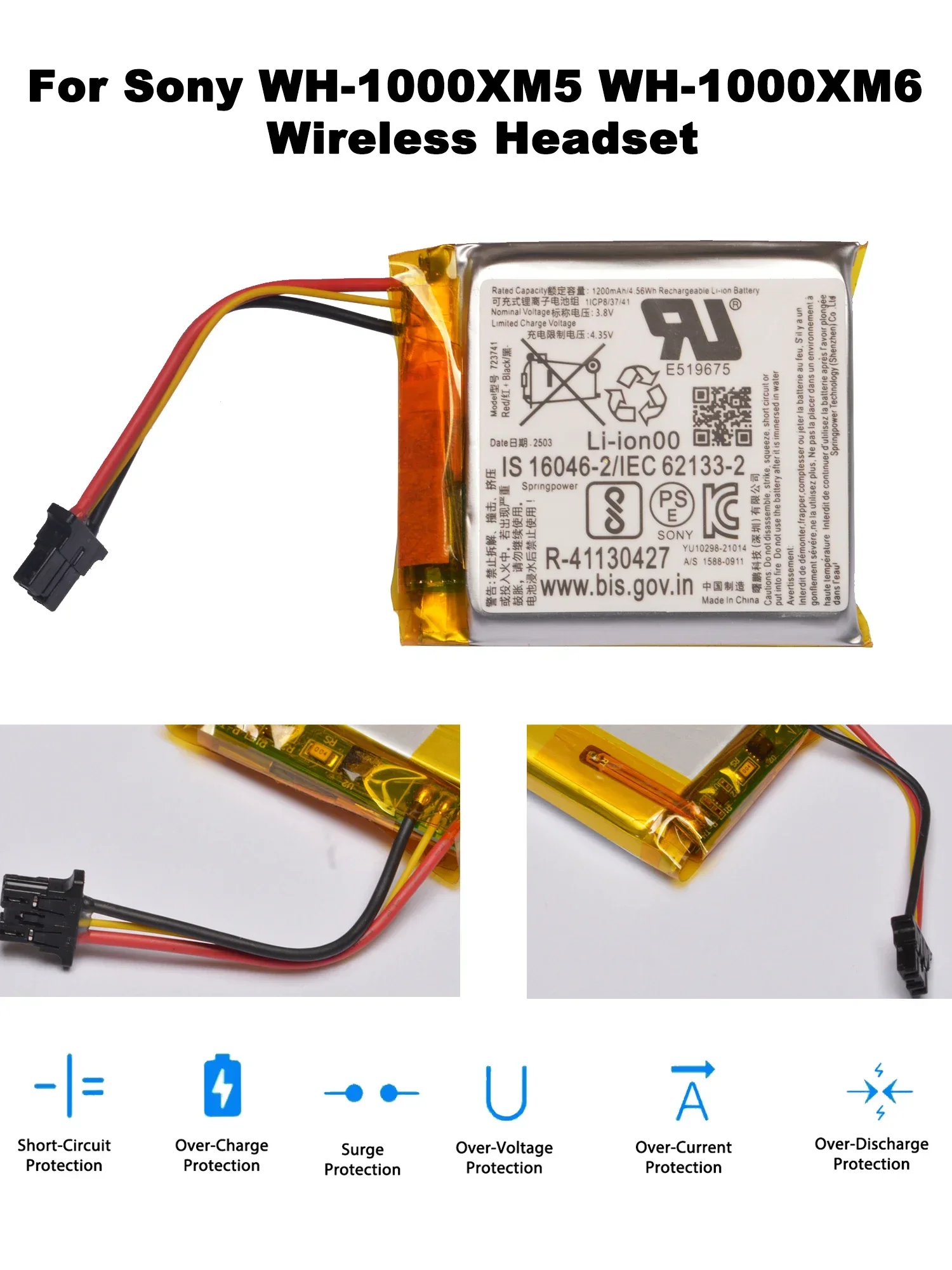 3,8 V, 1200 mAh – bateria zamienna do bezprzewodowych słuchawek Sony WH-1000XM5 i WH-1000XM6, numer modelu 723741. — zdjęcie produktu 3