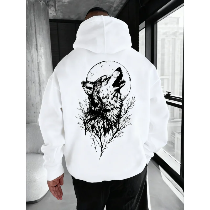 Unisex Hoodie Howling Wolf Print Pullover Gothic Streetwear Vintage Loose Long Sleeve Sweatshirt Men Women Trendy Casual Tops