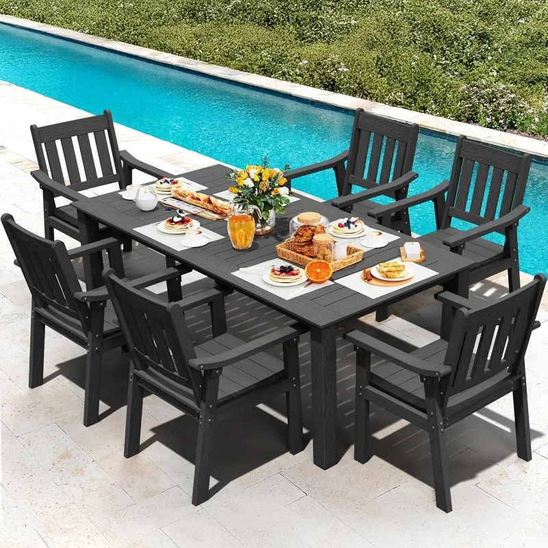 

HIPS Patio Table Set: 7 Piece Outdoor Table and Chairs Dining Furniture Set with Umbrella Hole - Black Modern Plastic Dinin