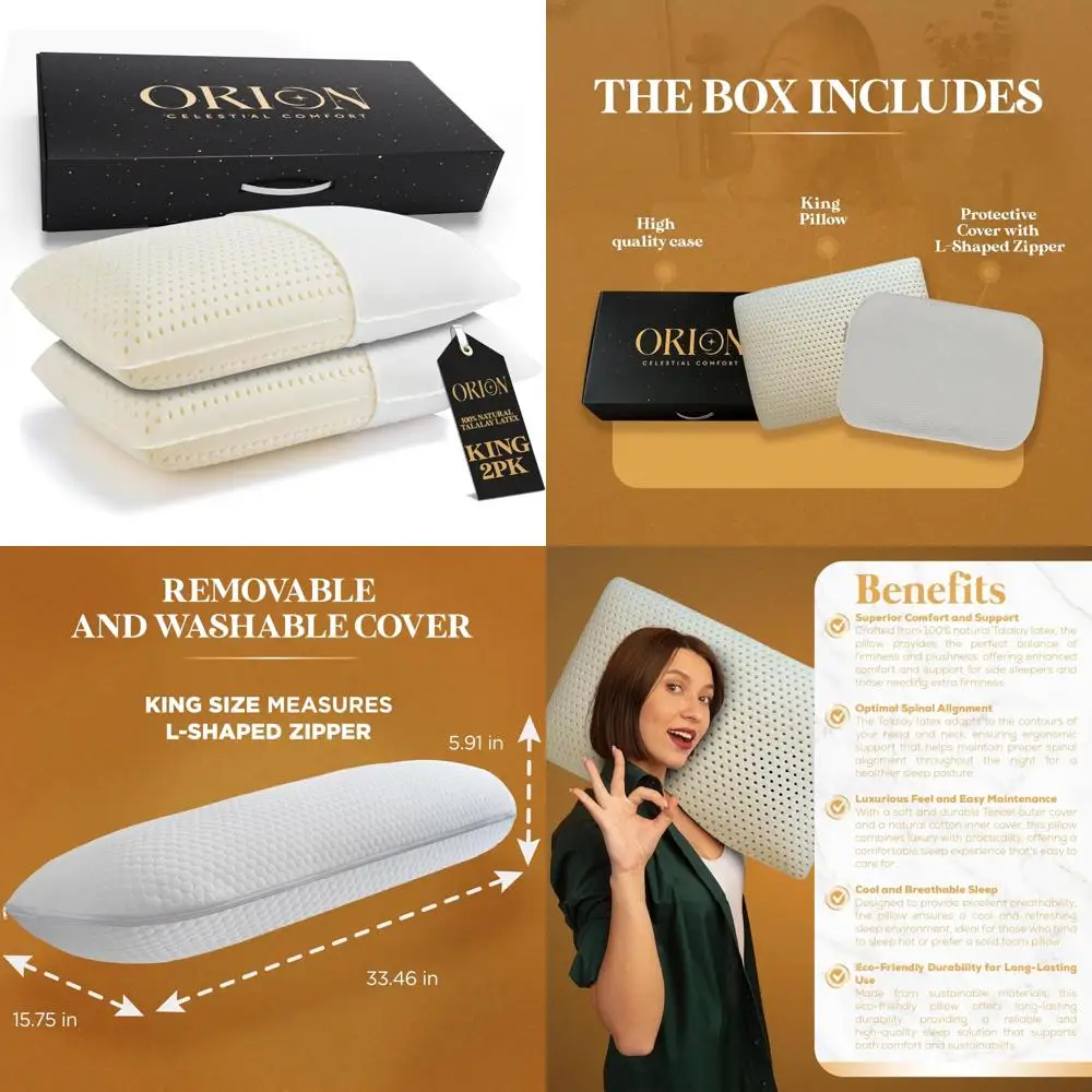 

King Size Talalay Latex Pillows Set of 2 - 100% Pure Talalay Latex with L-Shaped Zipper Cover for Sleep and Comfort