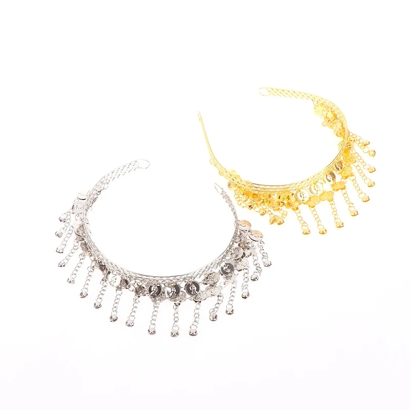 กิ๊บติดผมเต้นรำหน้าท้องสำหรับผู้หญิง1ชิ้นเครื่องประดับเหรียญยิปซีที่คาดศีรษะสายโซ่เครื่องประดับชุดเชียร์ลีดเดอร์เต้นอินเดีย