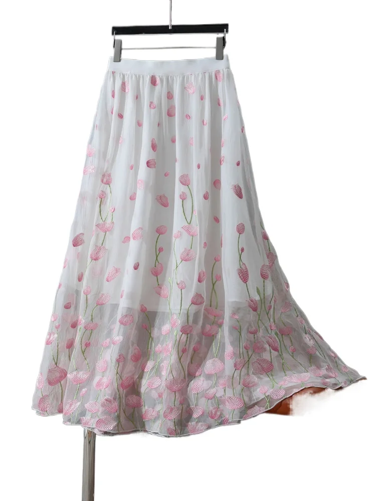 Beautiful Heavy Industry Embroidery 80% Natural Mulberry Silk Non Splicing Elastic Waist Large Swinging Elegant Skirt
