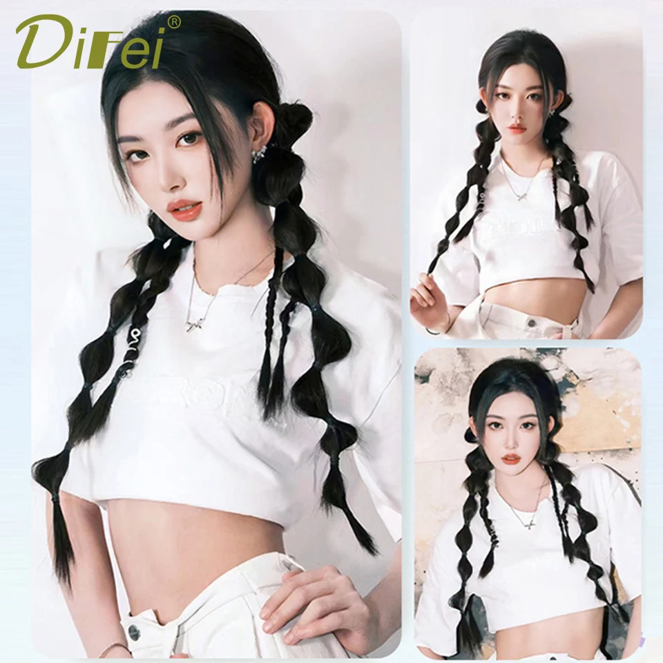 DIFEI 45cm Boxing Braid Synthetic Wig Braid Female Ponytail Sweet Cool Twist Braid Music Festival Double Ponytail Braid Wig