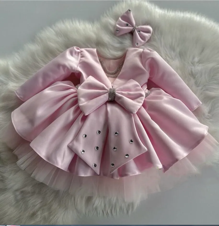 

Pink Princess Flower Girl Dress Satin Puffy Long Sleeves With Bow Cute Kids Birthday Party Pageant Wedding Ball Gowns