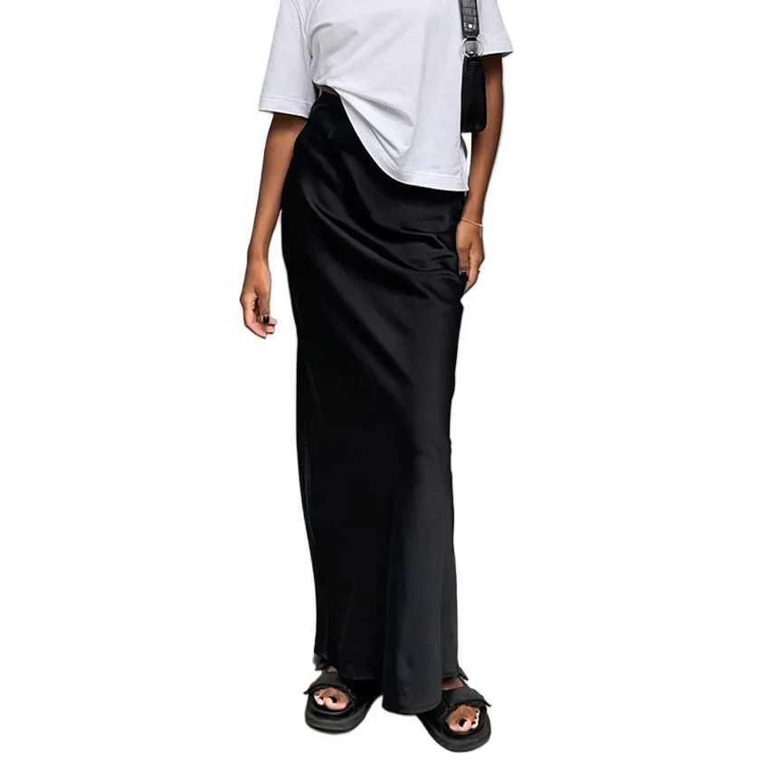 

Satin Long Skirt Fashion High Waisted Side Zipper Slim Maxi Skirts Temperament French Satin Drooping Fishtail Skirt