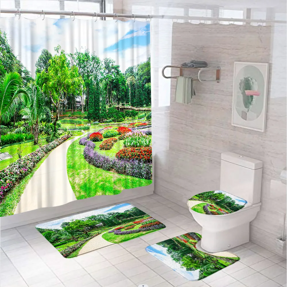 4Pcs Green Plants Garden Shower Curtain Set 3D Park Scenery Bathroom Curtains Non-Slip Bath Mat Rug Lid Toilet Cover Home Decor