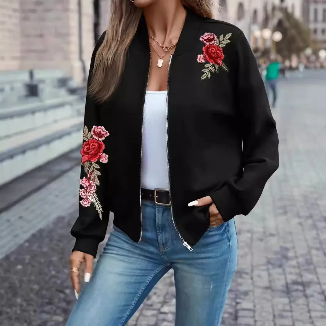Women Floral Butterfly Print Color Block Bomber Jacket, Long Sleeve Zip Up Stand Collar Casual Lightweight Outerwear Coat
