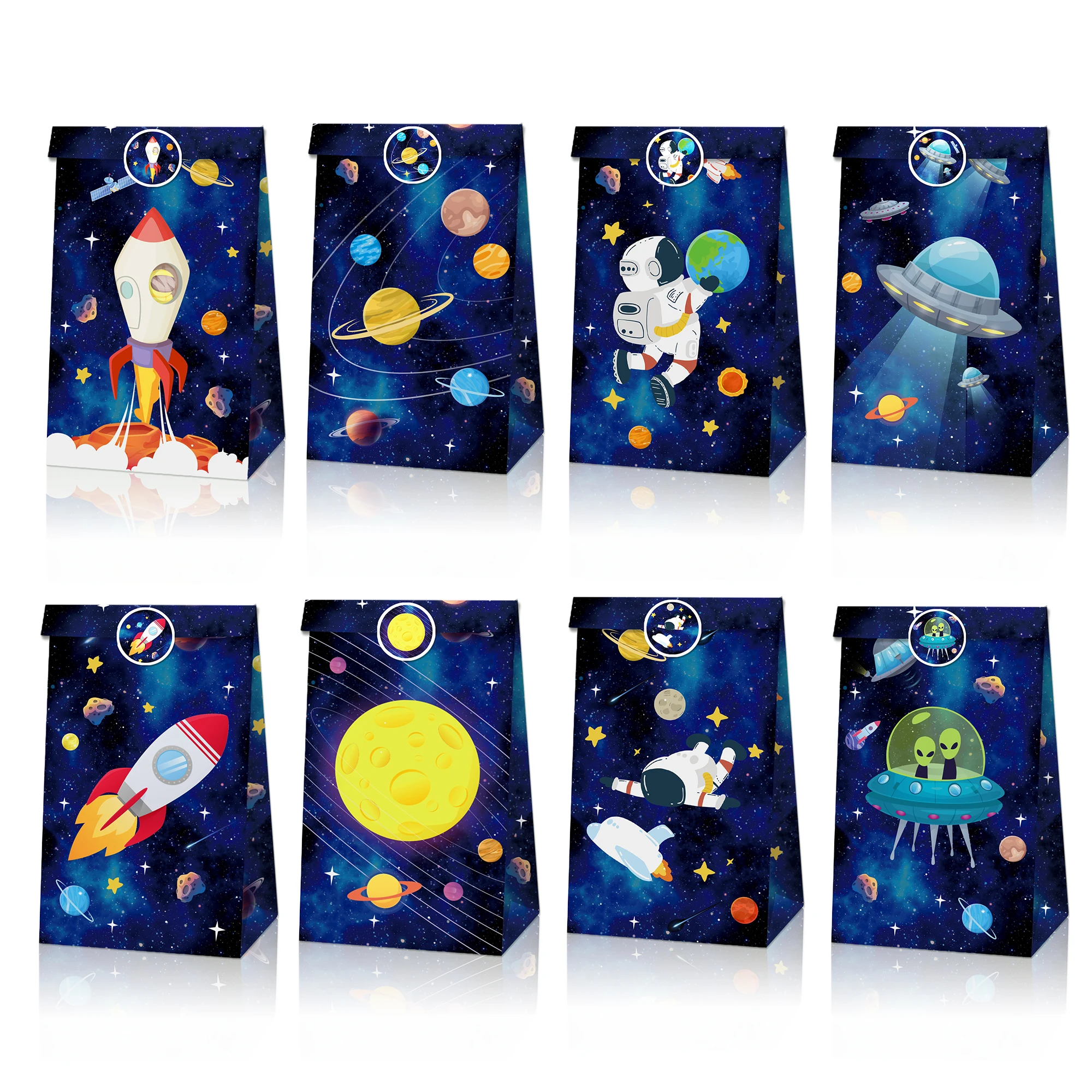 8Pcs Space Gift Bags With Stickers Rocket Planet Blue Candy Bags For Boy Astronaut Birthday Party Decoration Baby Shower Favors