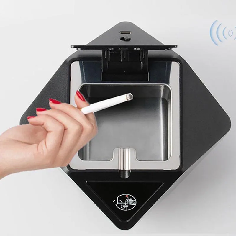 Mini Household Small Ashtray Black for Office  Table Top Smart  Automatic Cover Opening To Prevent Fly Ash Ionic Soot Bucket