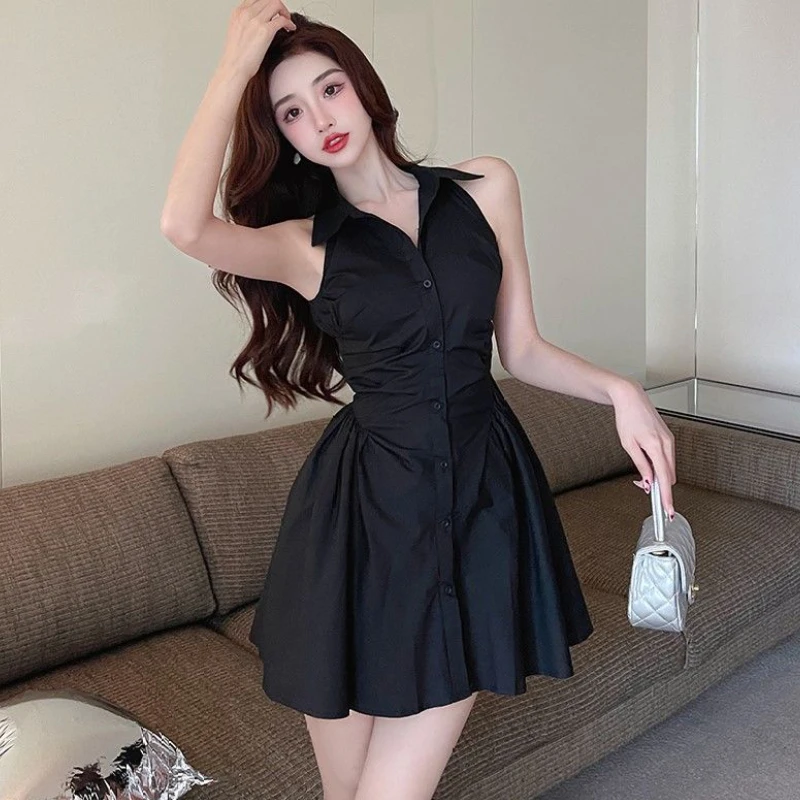 Sleeveless Dress for Women Elegant Classic Black Pure All-match Slim Fit Summer Korean Fashion Style Sweet Casual Basic Ladies