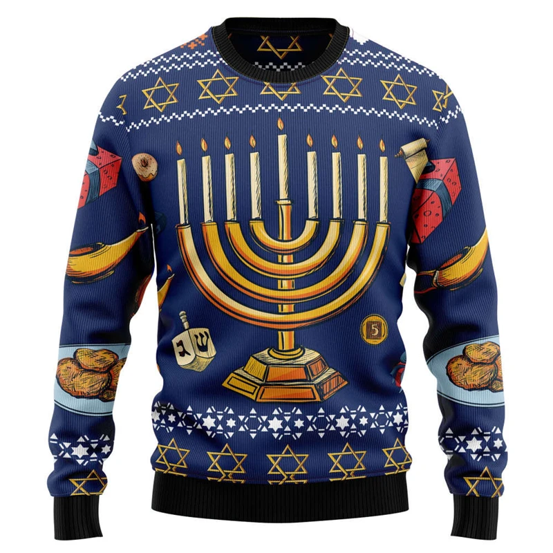 Fashion Hanukkah Ugly Sweater Unisex Gift Festival Long Sleeve Pullover Top 3D Print Jewish Candles Pattern Commemorate Hoodie