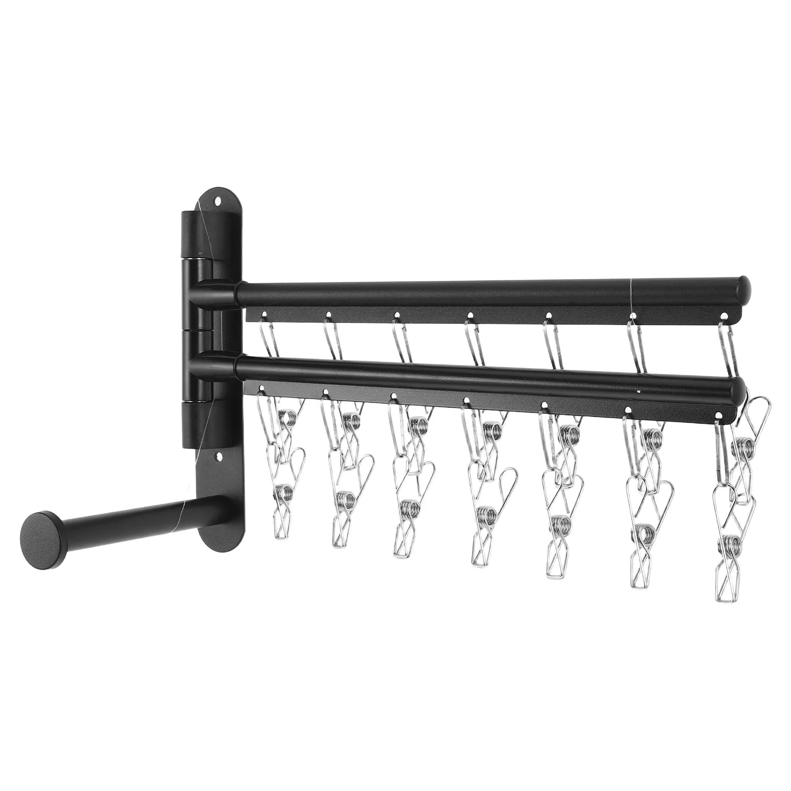 Séchoir à linge mural en acier inoxydable à 2 niveaux avec bras pivotant, 14 pinces, gain de place, pliable pour chaussettes