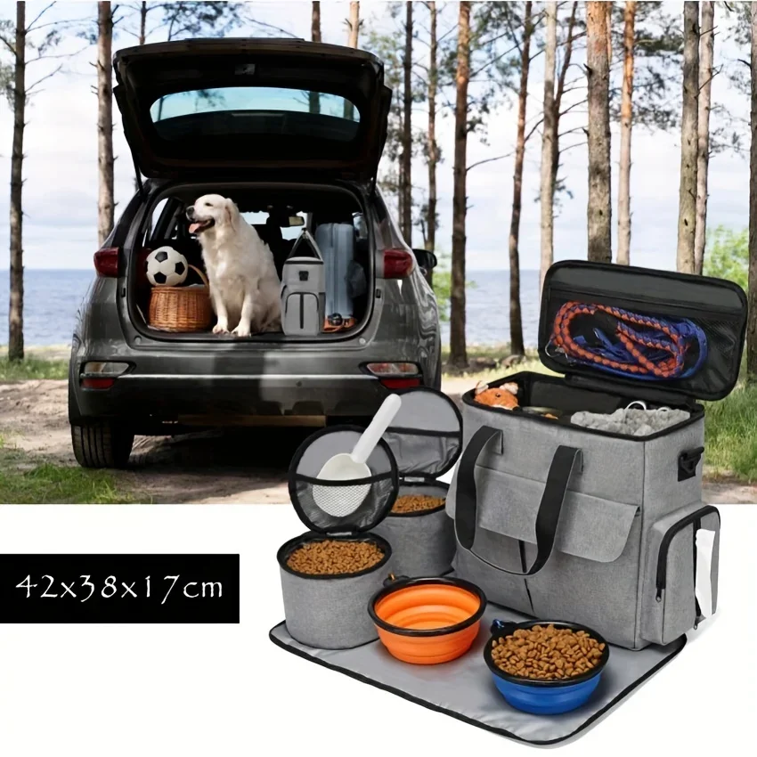 

6-piece Pet Travel Bag Set Large Capacity Foldable Storage Bag Comes with 2 Food Containers and 2 Foldable Silicone Bowls