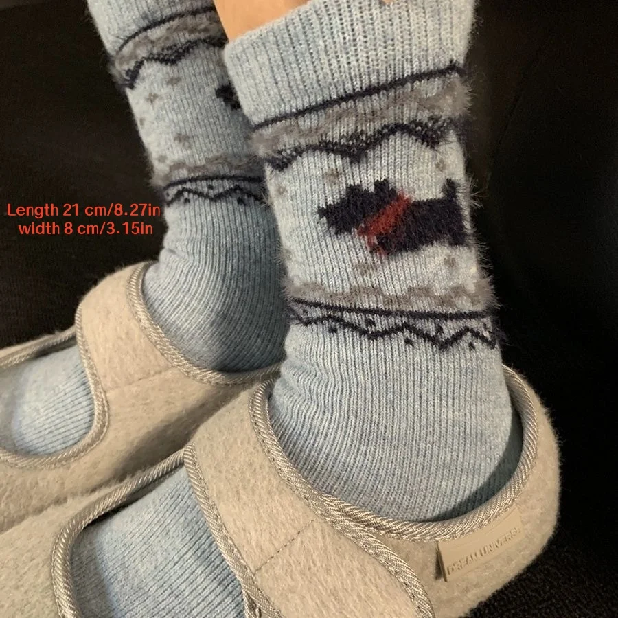 4 Pairs of Random Color Fair Isle Style Socks, Cartoon Warm Mid-Calf Women's Socks, Slouchy Mid-Calf Socks, Autumn and Winter Socks, Thanksgiving Gift