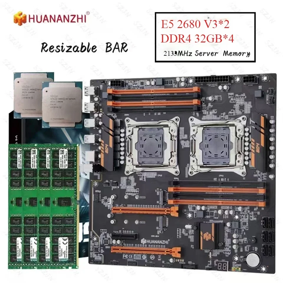 

HUANANZHI X99 8D4 Motherboard Set Dual CPU E5 2680 V3 DDR4 32GB*4= 128GB 2133MHz Support M.2 NVME Resizable BAR