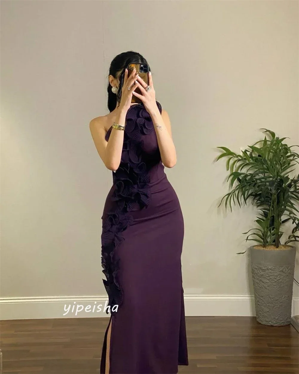 Customized Sexy One Shoulder Glamorous Evening Dresses Flower Pleat Straight Cocktail Party Dresses Ankle Length Bespoke Dresses