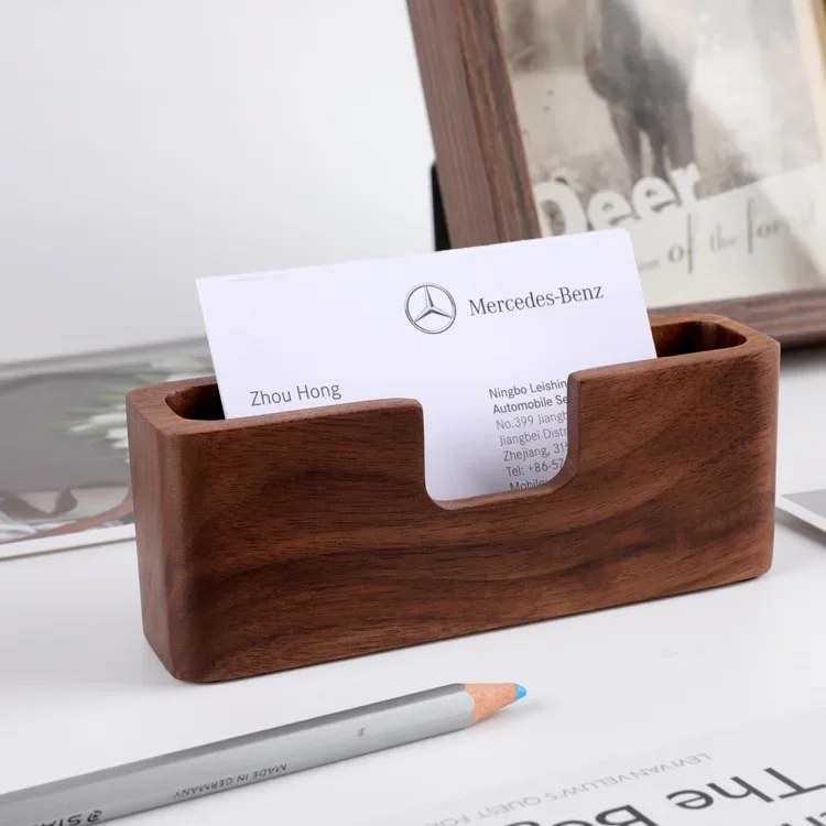 

HeMu Natural Black Walnut Wood Business Card Holder Minimalist Desktop Card Organizer Office Business Card Display Stand