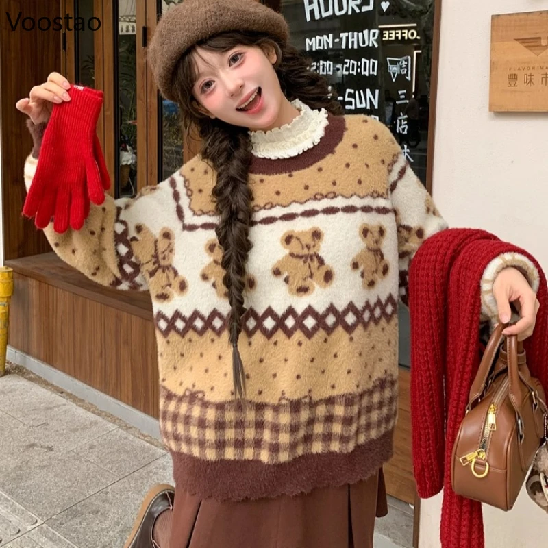 

Autumn Winter Japanese Kawaii Lolita Style Knitted Pullover Girls Sweet Cartoon Bear Jacquard Loose Sweater Female Knitwear Tops