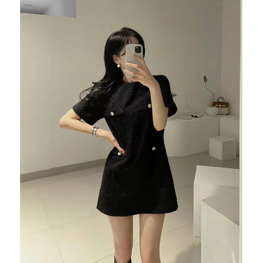 

French Style Simple Four Pocket Design Thin Thick Tweed Dress Loose Fit Three Colors Korean Style Spring Autumn Winter D...