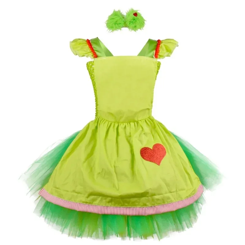 New Girls Green Cartoon Mesh Dress Set, Kids Flared Skirt for Birthday & Holiday Party, Special Clothing for Halloween Carnival