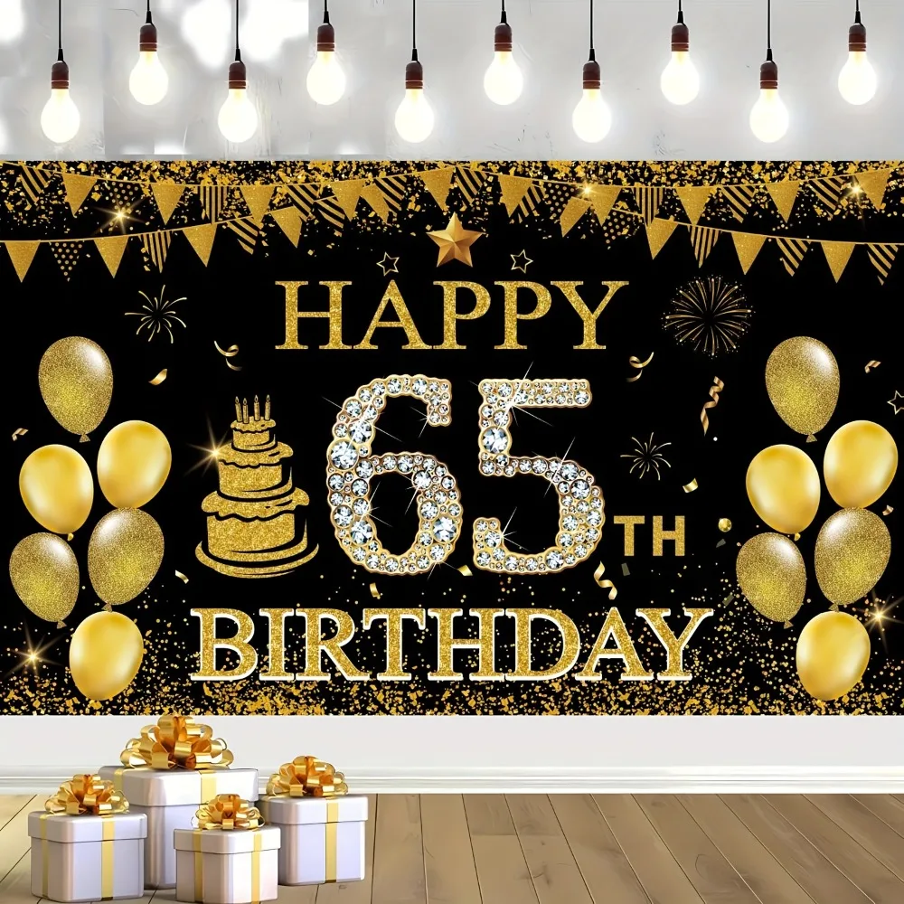 65th Birthday Party Decoration Banner - Black Polyester Backdrop with Gold Balloons & Cake Design for Men and Womenncluded