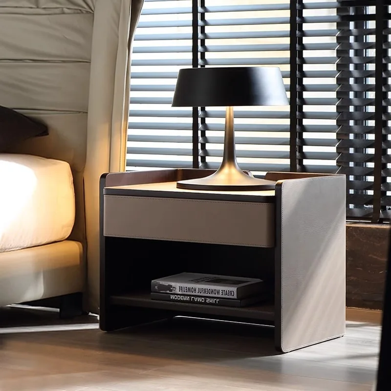 Italian minimalist bedside table, saddle leather, bedroom storage, high-end wabi sabi