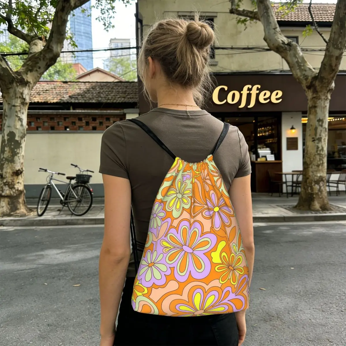 Orange And Yellow Flowers Pattern Backpacks Multi-function Drawstring Bundle Pocket Sundries Bag Book Bags for Travel Students