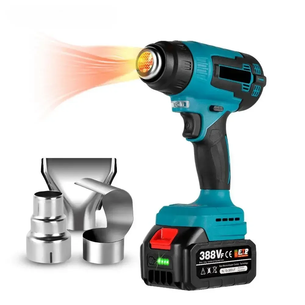 Cordless 2000W Electric Heat Gun Handheld Hot Air Guns with 3 Nozzles Compatible Makita 18V Battery Industrial Home Hair Dryer