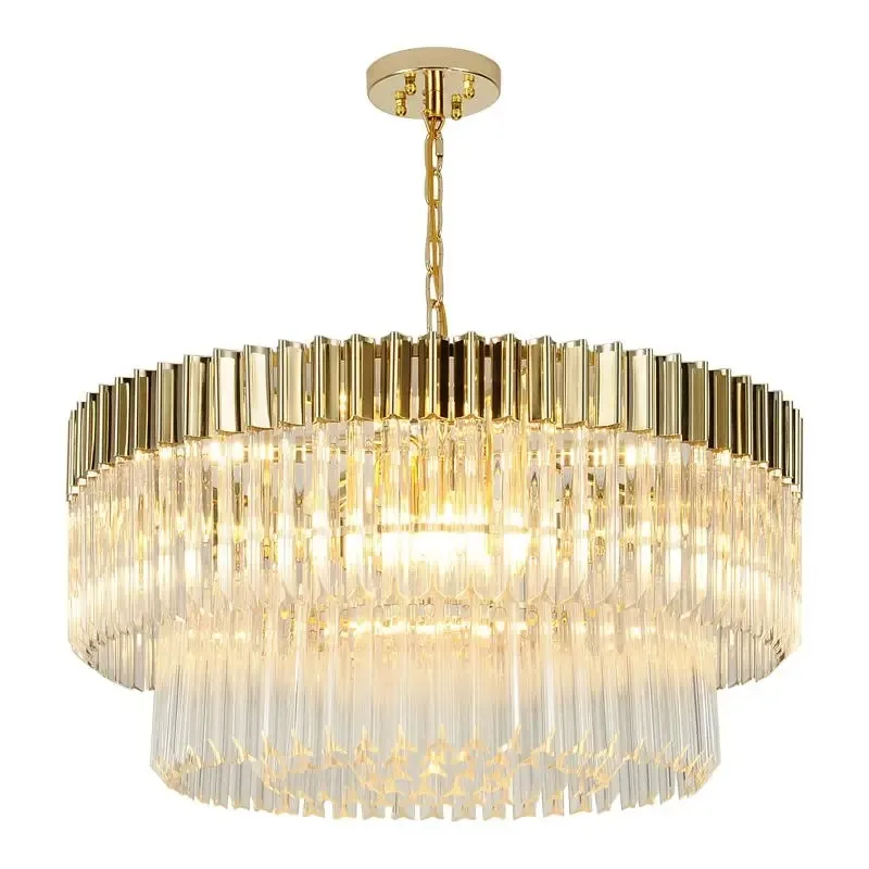 

Modern Hotel Hall Luxury K9 Crystal Pendant Led Lights Round Plate Shiny Gold Steel Lustre Pendant Lamps Living Room Decoration