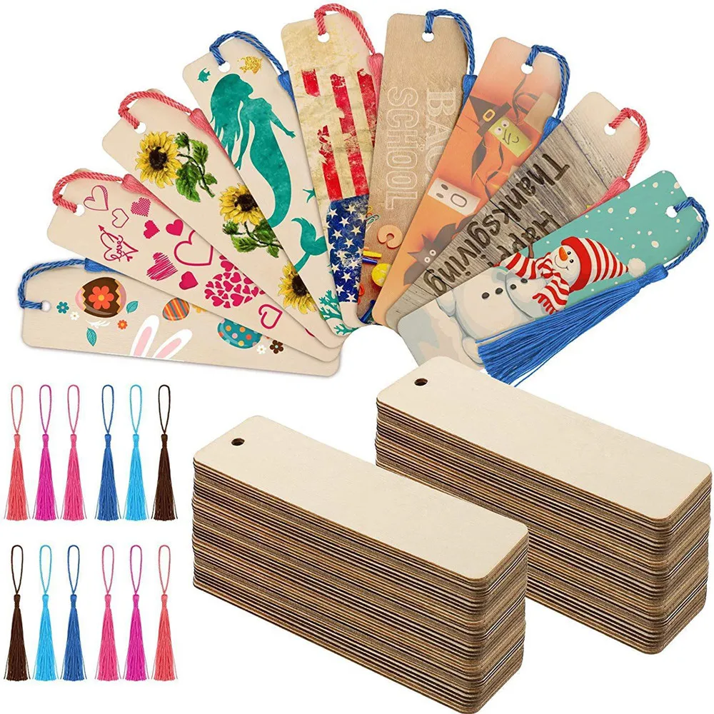 

36Pcs/set Wood Bookmark Bulk Blank Hanging Label Wooden Bookmarks Sign Unfinished Label Ornaments With Tassel Ropes DIY Crafts