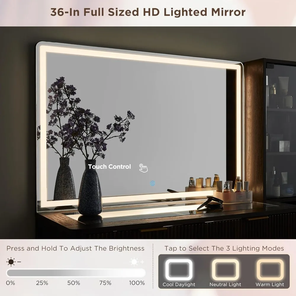 Mesa de maquiagem canelada moderna de 48 polegadas com espelho e luzes iluminadas HD de 36 polegadas