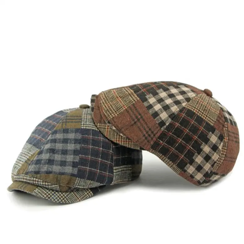 2024 Four Seasons Polyester Plaid Warm Newsboy Caps Flat Peaked Cap Men and Women Painter Beret Hats 122