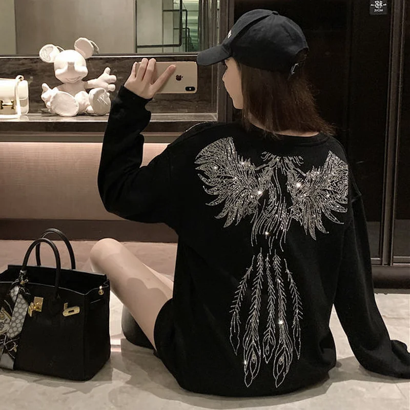 Female Streetwear Sweatshirt Grunge Plain Gothic Emo Graphic Tops Rhinestone Hippie Y2k Clothes for Women Black Pullover Autumn